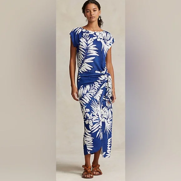 Ralph Lauren Women's Floral Linen Faux-Wrap Dress - Size XXL in Blue Floral